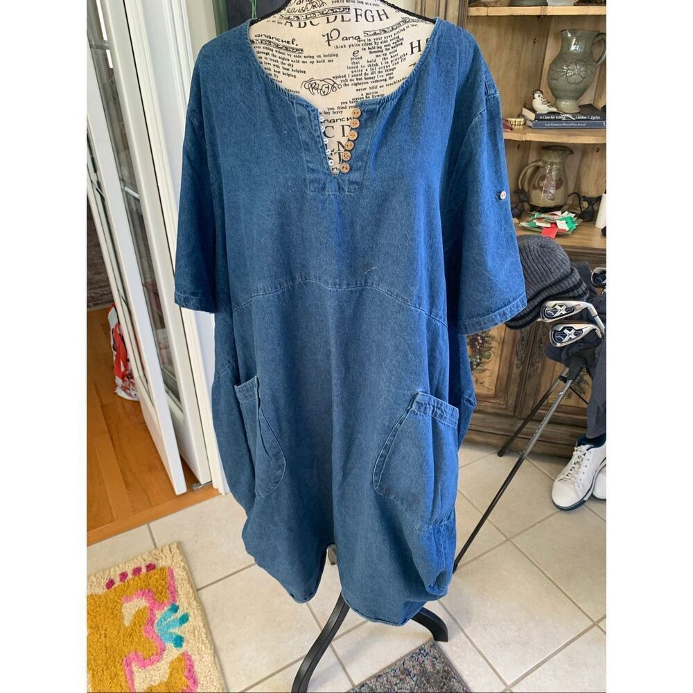 Denim Dress Blue Jean Midi Artsy Parachute Bubble Hem Pullover 2XL 2X